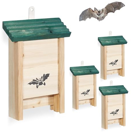 Relaxdays Set de 4 Cajas para murciélagos de Madera sin Tratar, 25x18x6 cm, Natural y Verde