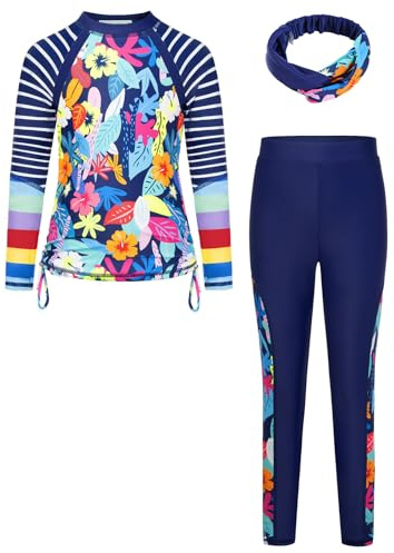 GRACE KARIN Printed Summer Swimming Costume for Girls Long Sleeve Crew Neck Swimsuit Elastic Rash Guard with Headband Color Stripes 10-11 Years