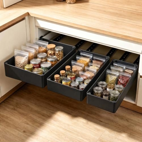 VINATO Set of 3 Extendable Telescopic Drawers for Kitchen, Extendable Drawer for Kitchen with 3 Sizes, Kitchen Cabinet Organiser, Extendable with Adhesive Tape & Screws, Space Saving for Kitchen