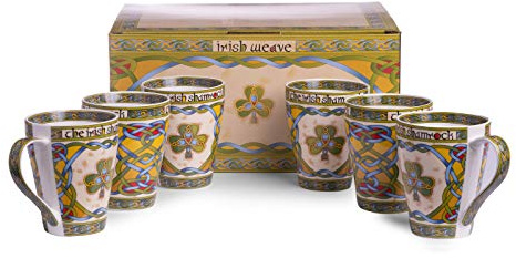 Irish Claddagh Cup Set of Six 14oz Tea Cups Come in a Matching Box, Decorated with Celtic Patterns, Symbols and Colors