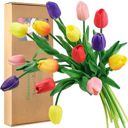 FiveSeasonStuff Real Touch Tulips Artificial Flowers – 15 Stems Faux Tulip Bouquet in Gift Box for Wedding, Home Decor, Party, Floral Arrangements (Rainbow Colors)