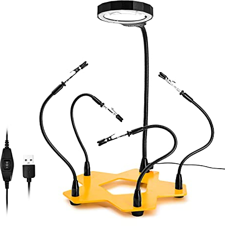 Fstop Labs Kotto LED beleuchtet Lupe dritte Hand Löten Leiterplattenhalter Werkzeug fünf Arme helfende Hände Handwerk Schmuck Hobby Werkstatt helfen Station rutschfeste gewichtete Basis, LED-Lampe