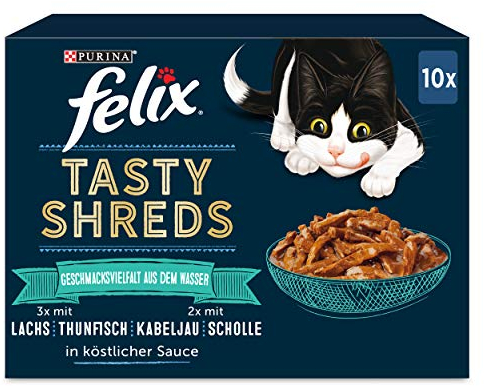 FELIX Tasty Shreds Katzenfutter nass in Sauce, Geschmacksvielfalt aus dem Wasser, 6er Pack (6 x 10 x 80g)