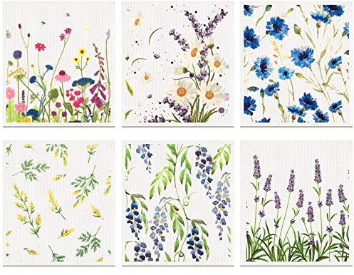 Remagr Swedish Kitchen Dish Towels Wildflowers Reusable Sponge Cleaning Cloths Absorbent Quick Drying Washable Cleaning Wipes No Odor Hand Towel (6)