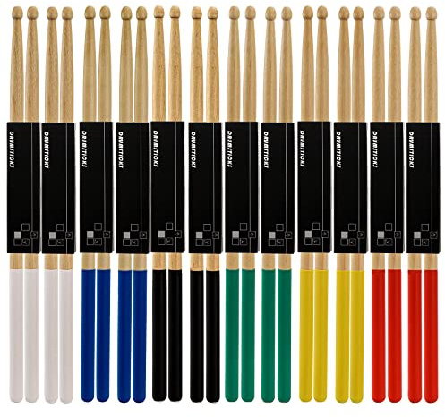 Suwimut 12 Pairs Drum Sticks with Non-Slip Rubber Handle, Classic 7A Maple Wood Tip Drumsticks for Kids, Adults, and Beginners, Professional Musical Instrument Percussion Accessories, 6 Colors