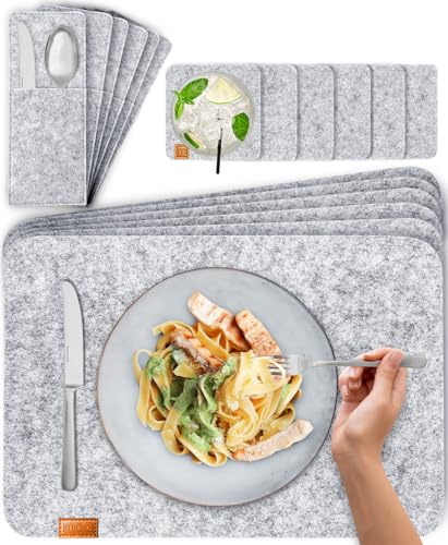 MIQIO Felt Placemats - Set of 18 Table Coasters - Washable - 6 Place Mats, Glass Coasters, Cutlery Bags | Light Grey | Square