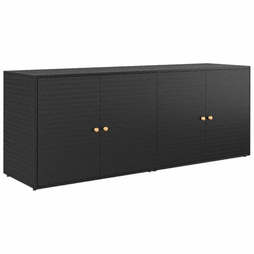 vidaXL Weather- Garden Storage Cabinet - Large Black Poly Rattan Chest with Solid Acacia Wood Handles and Steel Frame - Easy-Assembly Outdoor Furniture