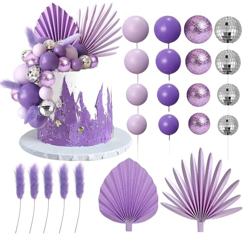 38 PCS Balls Cake Toppers Palm Leaves Cake Decorations for Birthday Wedding Baby Shower Party Supplies (Purple)