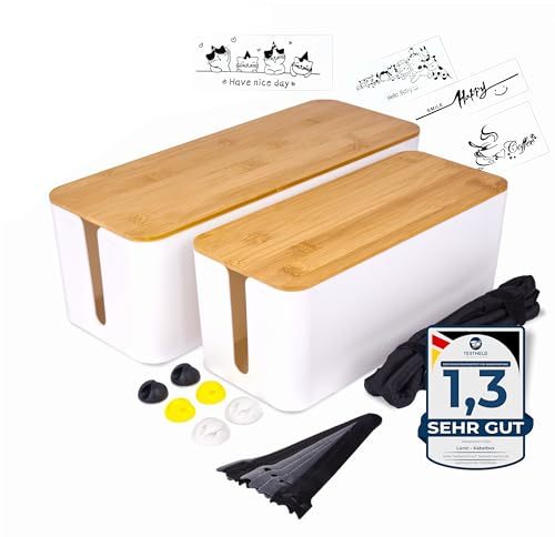 LÜNIC Kabelbox 2er Set mit Bambusdeckel – Kabelmanagement Steckdosenleiste Organizer Kabelaufbewahrung – inkl. Kabelbinder, Kabelclips, Kabelkanal und Sticker – nachhaltig und rutschfest