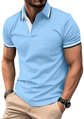 zitysport Polos Homme Manches Courtes Sport Tennis Shirt Respirant Fonctionnel avec Poche Chemises Eté Golf Extérieur Slim Fit Polo Hommes Golf Poche Poitrine Regular Fit Tshirt(Bleu Ciel-M)