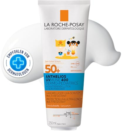 La Roche Posay Sonnenmilch für Kinder mit LSF 50+, Für atopische, empfindliche Haut, Mit Mexoryl 400 und Antioxidantien, Wasser-, schweiß- und sandabweisend, UVMune400 Kids, Anthelios DP, 250 ml