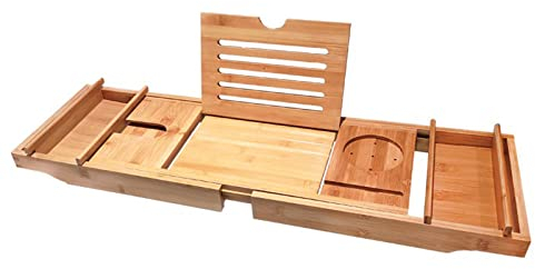 Vassoio per vasca da bagno in bambù, vassoio per vasca da bagno 2 in 1 espandibile, per bagno di lusso, include asciugamano in cotone, portasapone, fessura per bicchiere di vino e porta tablet, s