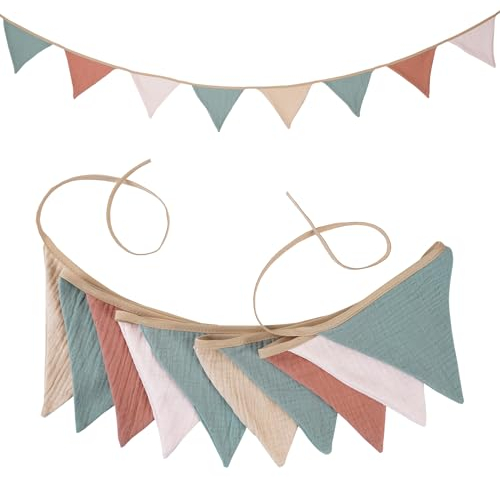 Wimpelkette Kinderzimmer, FePen 2.6m Stoff Wimpelkette aus Musselin Baumwoll, Girlande Kinderzimmer für Mädchen & Jungen, Kinderzimmer Wanddeko für Hausbett, Babybett, Kinderbett (Morandi Grün)