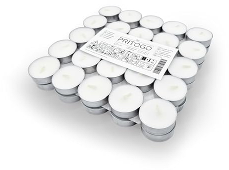 PRITOGO Teelichter, weiss 38 x 12 mm, Rußfrei, Brenndauer: 4 Stunden (50 Stück Alu) Unparfümiert