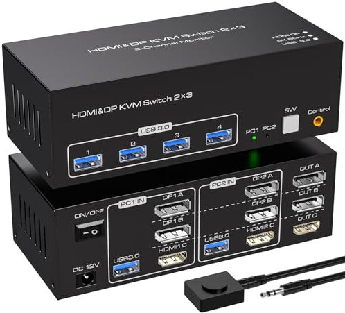 VPFET 4K144Hz 2 Displayport HDMI KVM Switch 2 Computers 3 Monitors 8K60Hz KVM Switches for 2 pc Share 3 Monitors with 4 USB 3.0 Ports Includes 2 USB 3.0 Cables and External line Control