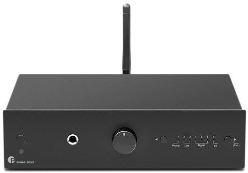 Pro-Ject Stereo Box E, Kompakter integrierter Hi-Fi-Stereo-Verstärker mit BT 5.0, Subwoofer Ausgang, 2X optisch In, 1x koaxial SPDIF In, 2x40W (Schwarz)