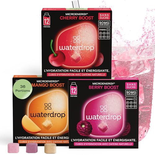 waterdrop® Microenergy Set, Energy Drink Pulver, 36 Würfel Getränkepulver, Mango, Kirsche & Brombeere Geschmack, Zuckerfrei & Kalorienarm, Mit 90 mg Natürlichem Koffein, Vitamin C & B – Flavour Drops