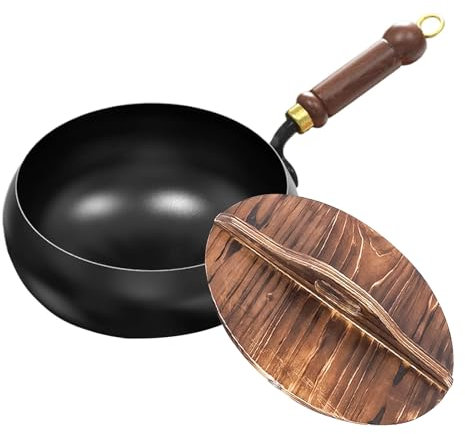 Padella non rivestita in ferro forgiato a mano, con funzione di ritenzione del calore, per cucina, diversi stili culinari, ricette, padella in ferro battuto, padella in ferro, nero (24 cm + coperchio