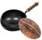 Poêle en fer non revêtue forgée à la main avec fonction de stockage de la chaleur, pour cuisine, styles culinaires, recettes, poêle en fer forgé, poêle en fer, noire (24 cm + couvercle en bois)