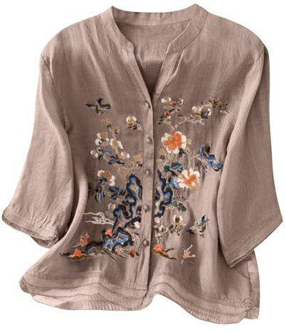 Cocila Chemisiers De Travail pour Femmes Bureau Professionnel Manches Longues Chemisier Brodé en Coton Et Lin Femme Style Bohème 3/4 Tunique Élégante Long Blouse Haut Ete Chemise Longue Grande
