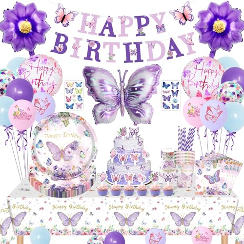 Papillon Décoration d'Anniversaire Fille, Deco Anniversaire Fille Papillon, Kit Anniversaire Filles Contient Assiettes en Papier Serviettes Gobelets en Papier Nappes Banderoles Ballons Tatouage Enfant