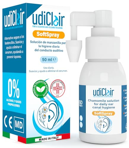 Spray Auriculaire pour Bouchon de Cérumen 50ml - UdiClair SoftSpray Traitement Nettoyant Oreilles Adulte Enfant Dissolution Rapide avec Jet Nébulisé - Solution Isotonique à La Camomille Made in Italy