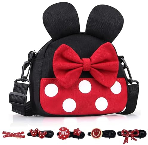 FOSDICK Borsetta Bambina con Fiocco con Orecchie da Topo, Borsa Tracolla Bambina Regolabile, Carino Borsetta Ragazza, Borse Ragazza con 5 Fermagli per Capelli, Regalo bambina 3-10 Anni, 15x15x5cm