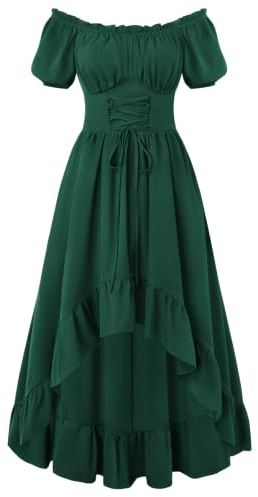 SCARLET DARKNESS Women's Off Shoulder Renaissance Dress Medieval Costume | Puff Sleeve | Lace Up Waist | Smocked Back | High Low Hem | Hidden Zipper | Side Pockets | Corset | Gothic | Pirate | Vintage