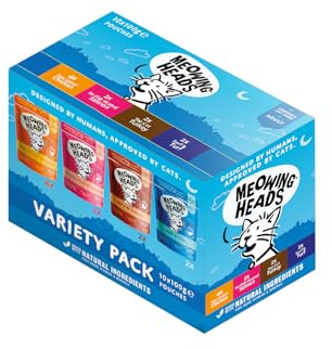 Meowing Heads Wet Cat Food - Variety Pack - 93% Natural Turkey, Chicken, Beef & Fish Pouches with No Artificial Flavours, Grain-Free Recipe (10 x 100g)