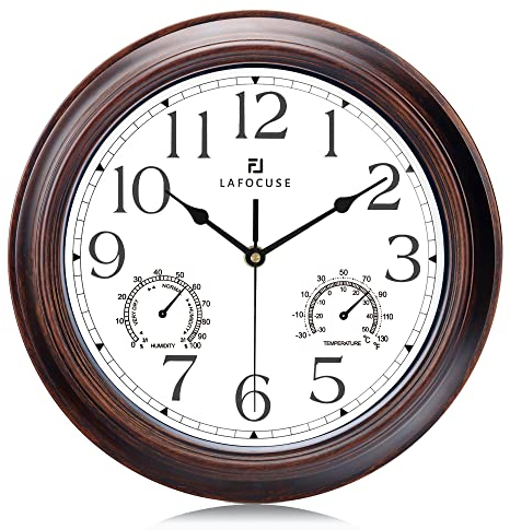 Lafocuse Wasserdicht Lautlos Wanduhr mit Thermometer und Hygrometer, Outdoor Retro Wanduhr Mahagonifarben Shabby Chic, Ohne Tickgeräusche Vintage Deko für Badezimmer Garten Küche Verandas 30cm