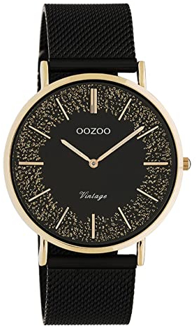 Oozoo Flache Vintage Damenuhr mit Milanaiseband aus Edelstahl Glitter Line mit funkelnden Elementen im Zifferblatt 40 mm, C20142 – Rosa/Schwarz/Schwarz, groß, Vintage