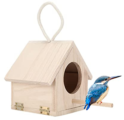 Tissting Casa para Pájaros de Madera, Pequeña Casita Colgante para Aves con Techo y Gancho, Pajarera Exterior Decorativa para Jardín y Alimentación de Aves Pequeñas