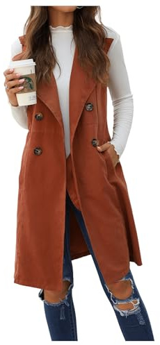 GORGLITTER Women's Western Long Blazer Vest Sleeveless Cowgirl Trendy Fashion Casual Business Casual Work Trench Coat Rust Brown Large