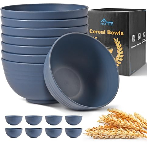 HOTEC BPA Free Unbreakable Wheat Straw Cereal Bowls - Microwave & Dishwasher Safe Soup and Salad Bowls, Set of 8, 26oz, Classic Blue