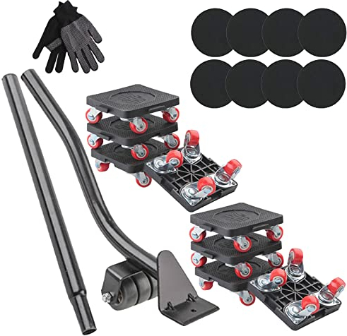 Lot de 8 roulettes de Transport pour Meubles avec 8 Rouleaux de système faciles à déplacer, Barre d'extension, 8 entretoises et Gants, capacité de Charge de 800 kg, déplacement Facile des Meubles