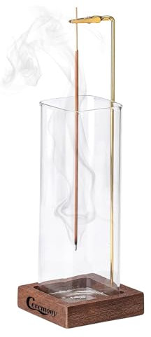 CEREMONY Incense Holder，Wood Incense Holder for Sticks with Glass Ash Catcher，Incense Burner for Meditation Yoga Spa Room Decor