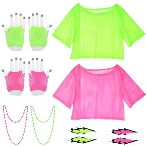 CHCAES 80er 90er Jahre Outfit Netzoberteil Damen 80 Jahre Kostüm Zubehör Set 80er Jahre Accessoires Neon Netzshirt Ohrring Netzhandschuhe Halskette für Neon Retro Party Karneval, Rosa Grün