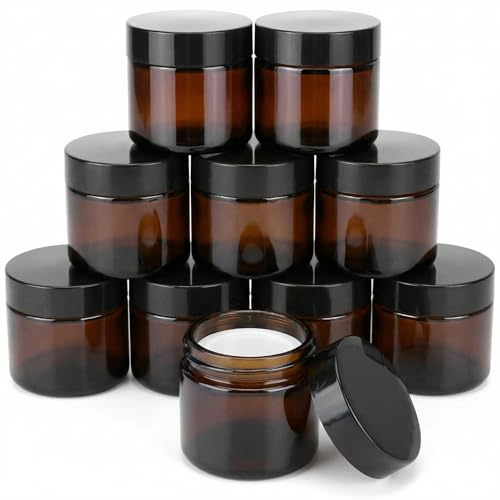 QWORK® 10-pack 60 ml bärnstensfärgade glasburkar med svarta lock, UV-skyddande multifunktionsbehållare, för hemlagade krämer, lotioner