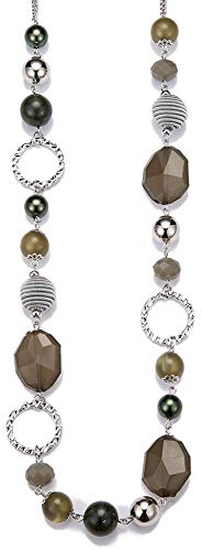 FULU AUTUMN Collana di perle lunga in argento – Collana boheme con cristalli e perle in pietra naturale, gioielli fantasia, idea regalo per la festa della mamma, 88 cm, Argento, Nessuna pietra