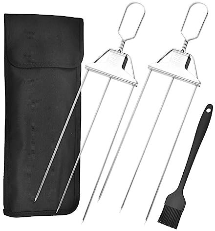 Bimhayuu Grillspieße Edelstahl 3 Wege Grillspieße Halbautomatische Grillgabel aus Edelstahl Schaschlikspieße Metall BBQ Spieße Fleischspieße Lange Grill Spieße mit Bürste Wiederverwendbare (C Set)