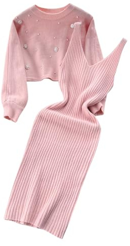 Set di 2 abiti da donna estivi a maniche lunghe da donna, alla moda, in due pezzi, maglione, top vestito, attillato, set da 2 pezzi, in maglia di cotone sportivo elegante, Colore: rosa., Taglia unica