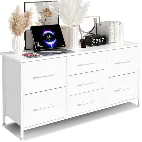KIRVOVIY Chest of Drawers, Dresser for Bedroom with 7 Fabric Drawers, TV Stand on Castors, Storage Organizer for Living Room, Metal Frame and Wooden Top, White