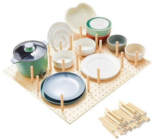 Ysislybin Wooden Pegboard Drawer Organizer, 4 Pack with 32 Wooden Sticks, Adjustable Kitchen Drawer Divider for Dishes, Plates, Pots, Bowls, Lids and More