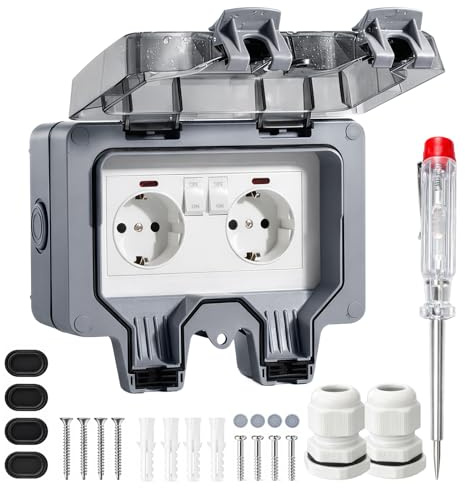 Aussensteckdose Wasserdicht IP66 Outdoor Steckdose mit Schalter Kontrollleuchte, 3680W Wetterfest Außensteckdose Aufputz Wand Garten Steckdose mit Klappdeckel inklusive Gärten Schwimmbad Aussenbereich