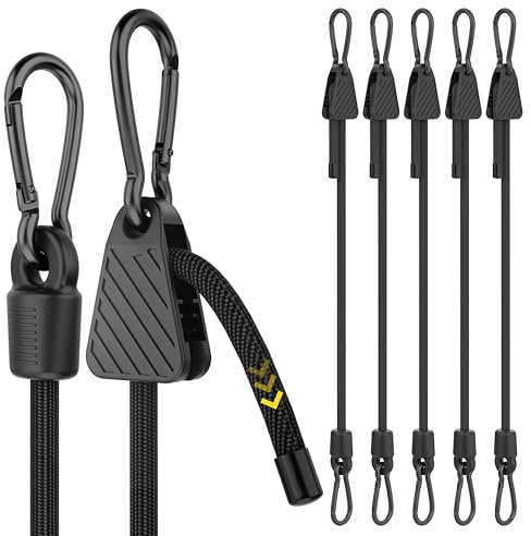 Cordón elástico con mosquetón ajustable, 200 cm Expansor con mosquetón, juego de 6 tensores de equipaje negros, 100% de goma de látex para sombrilla, lonas, jardín, bicicleta, automóvil, carga