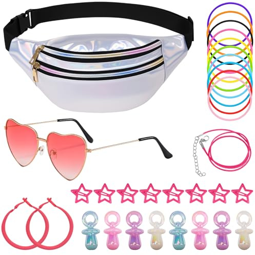 90-tals outfit dam, 31 stycken 90-talet 80-tals tillbehörsset med magväska, hjärtglasögon rosa, neonarmband, örhängen, hårspännen, 90-talsfest damutklädnad för gallerifest, karneval
