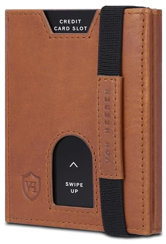 VON HEESEN Slim Wallet mit XL Münzfach & RFID-Schutz - Leder Geldbeutel - Mini Geldbörse für Herren und Damen - Kartenetui Echtleder Karten Portemonnaie klein - Kreditkartenetui Cognac (Waxy)