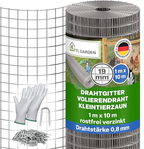 TTL GARDEN 1x10m Drahtgitter 19mm Masche 0,80mm Draht auf Rolle - feinmaschig rostfrei verzinkt Stärke 19 mm Maschenweite Volierendraht Maschendraht Hasendraht Wühlmausgitter 10m x 1m breit