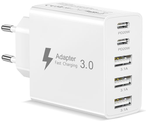 Chargeur USB C Rapide, 50W 5 Ports Prise USB C Chargeur Rapide iPhone Prise USB Multiple Adaptateur USB Chargeur Type C Secteur pour iPhone 17/16/15/14/13/12/11 Pro Max/8/iPad Pro, Samsung S26/S25/S24