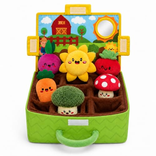 KINDLUME Fattoria Verdura Bambini, Giochi Montessori 1 Anno, Verdura Fattoria per Bambini con Peluche, Libro Sensoriale Neonati, Set Educativo Sensoriale con Sonagli, per La Prima Scoperta del Bebè